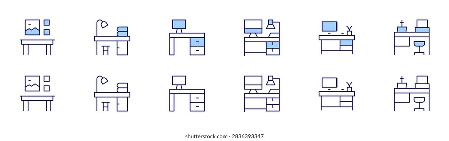 Desk icon set in two styles, Duotone and Thin Line style. Editable stroke. desk, workplace, workspace, worktable