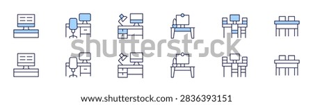 Desk icon set in two styles, Duotone and Thin Line style. Editable stroke. computer, workplace, workspace, worktable, desk