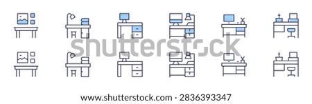Desk icon set in two styles, Duotone and Thin Line style. Editable stroke. desk, workplace, workspace, worktable