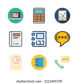 desk icon set. vector set about agenda, chat, laptop and calculator icons set.
