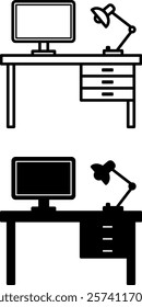 Desk Icons. Black and White Vector Icons. Table, Computer, and Lamp. Furniture. Office Concept