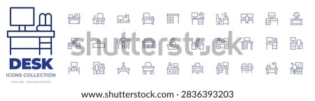 Desk icons collection. Thin Line icons, editable stroke. coworkingspace, computer, worktable, workplace, workspace, receptionist, studio, desk, newsanchor, desklamp, witness, boss, receptiondesk, office