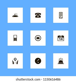 desk icons. dresser mirror, technology progress, bell and present new idea vector icons set