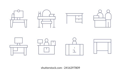 Schreibsymbole. Bearbeitbarer Strich. Enthält Arbeitsbereich, Arbeitsplatz, Lehrerdesk, Schreibtisch, Informationsschalter, Privatperson.