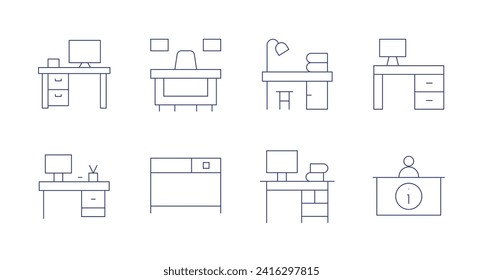 Iconos de escritorio. Trazo editable. Consta de espacio de trabajo, escritorio, escritorio de profesores, oficina, lugar de trabajo, escritorio de información.
