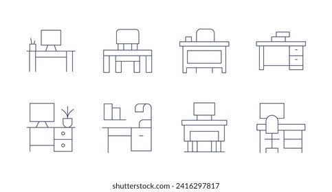 Desk icons. Editable stroke. Containing workspace, computer, desk, teacherdesk, table, workplace.