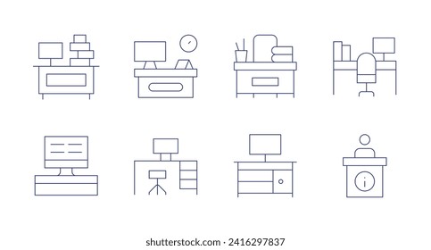 Schreibsymbole. Bearbeitbarer Strich. Enthält Arbeitslast, Computer, Arbeitsbereich, Lehrerschreibtisch, Schreibtisch, Informationsschalter.