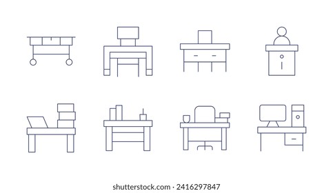 Desk icons. Editable stroke. Containing table, workspace, desk, teacherdesk, informationdesk.