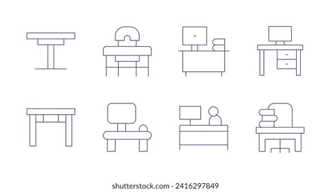 Desk icons. Editable stroke. Containing table, desk, office, workspace.
