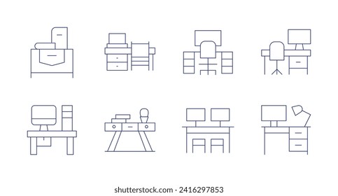 Desk icons. Editable stroke. Containing stand, workspace, desk, office.