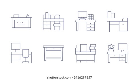 Desk icons. Editable stroke. Containing reception, workplace, desk, officedesk, teacherdesk.