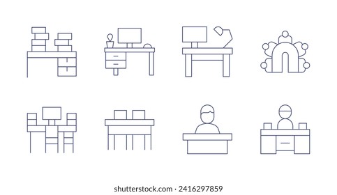 Desk icons. Editable stroke. Containing overwork, worktable, workspace, desk, newsanchor, deskarrangement, boss.