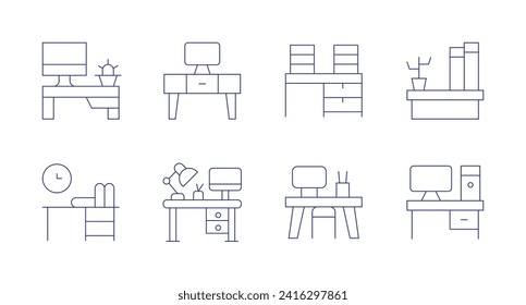 Iconos de escritorio. Trazo editable. Consta de oficina, lugar de trabajo, escritorio, escritorio, estante.