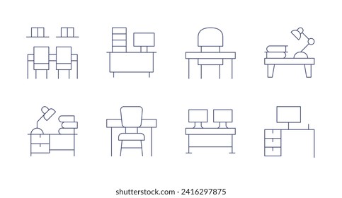 Desk icons. Editable stroke. Containing coworkingspace, books, overwork, desk.