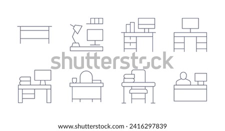 Desk icons. Editable stroke. Containing table, workspace, studio, desk, officedesk, reception.