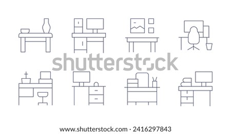 Desk icons. Editable stroke. Containing table, worktable, desk, office.