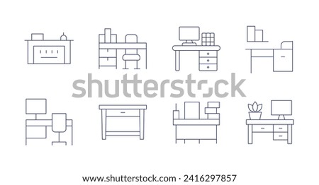 Desk icons. Editable stroke. Containing reception, workplace, desk, officedesk, teacherdesk.