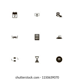desk icons. present new idea, response letter, hourglass and calculator vector icons set