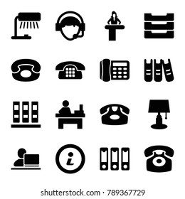 Desk icons. set of 16 editable filled desk icons such as table, binder, table lamp, operator, table box, info