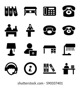 desk icons set. Set of 16 desk filled icons such as table, man with laptop, operator, binder, man working at the table, info