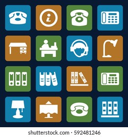 desk icons set. Set of 16 desk filled icons such as table, operator, binder, table lamp, restaurant table