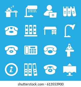Desk icons set. set of 16 desk filled icons such as man with laptop, man sleeping on table, table lamp, binder, restaurant table
