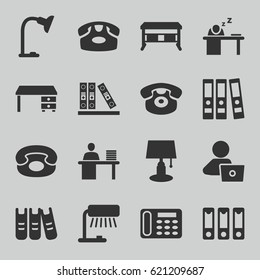Desk icons set. set of 16 desk filled icons such as man with laptop, binder, man working at the table, man sleeping on table