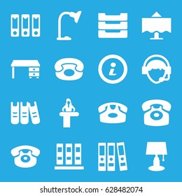 Desk icons set. set of 16 desk filled icons such as operator, binder, table lamp, table box, restaurant table