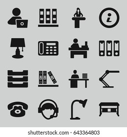 Desk icons set. set of 16 desk filled icons such as table, man with laptop, operator, binder, man working at the table