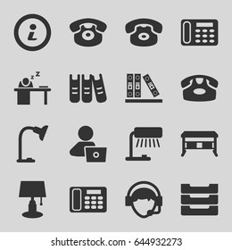 Desk icons set. set of 16 desk filled icons such as man with laptop, operator, binder, man sleeping on table, table lamp, table box
