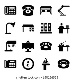 Desk icons set. set of 16 desk filled icons such as man working at the table, man sleeping on table, info