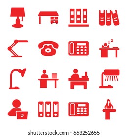 Desk icons set. set of 16 desk filled icons such as table, man with laptop, man working at the table