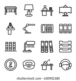 Desk icons set. set of 16 desk outline icons such as operator, man working at the table, man sleeping on table, binder