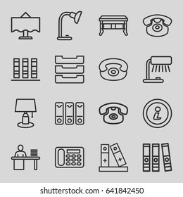 Desk icons set. set of 16 desk outline icons such as binder, man working at the table, table lamp