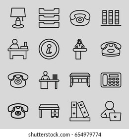 Desk icons set. set of 16 desk outline icons such as table, man with laptop, binder, man working at the table