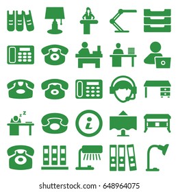 Desk icons set. set of 25 desk filled icons such as table, man with laptop, operator, man working at the table, binder
