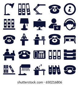 Desk icons set. set of 25 desk filled icons such as table, man with laptop, operator, binder, man working at the table