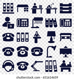 Desk icons set. set of 25 desk filled icons such as table, man with laptop, operator, man working at the table