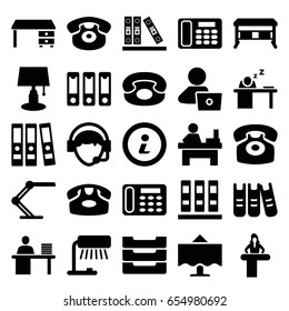 Desk icons set. set of 25 desk filled icons such as table, man with laptop, operator, binder, man working at the table
