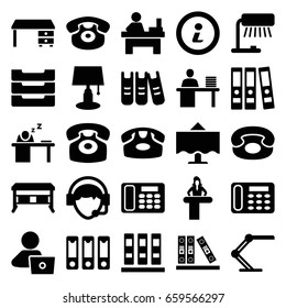Desk icons set. set of 25 desk filled icons such as table, man with laptop, operator, binder, man working at the table