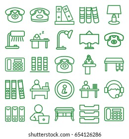 Desk icons set. set of 25 desk outline icons such as table, man with laptop, operator, binder, man working at the table