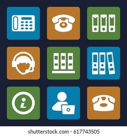 Desk icons set. set of 9 desk filled icons such as desk phone, man with laptop, operator, binder