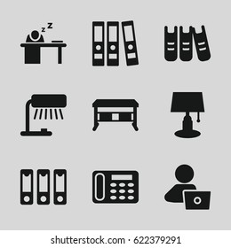 Desk icons set. set of 9 desk filled icons such as man with laptop, man sleeping on table, binder