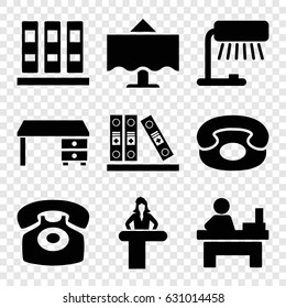 Desk icons set. set of 9 desk filled icons such as table, binder, restaurant table