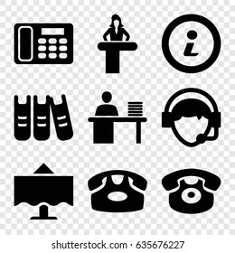 Desk icons set. set of 9 desk filled icons such as operator, man working at the table, binder, restaurant table