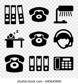 Desk icons set. set of 9 desk filled icons such as desk phone, operator, man sleeping on table, binder