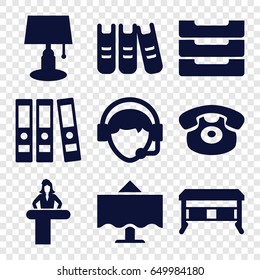 Desk icons set. set of 9 desk filled icons such as operator, table box, binder, restaurant table