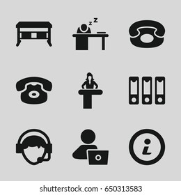 Desk icons set. set of 9 desk filled icons such as man with laptop, operator, man sleeping on table, binder