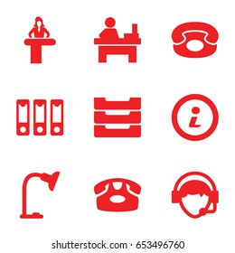 Desk icons set. set of 9 desk filled icons such as table, operator, binder, table lamp, table box