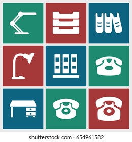 Desk icons set. set of 9 desk filled icons such as table lamp, table box